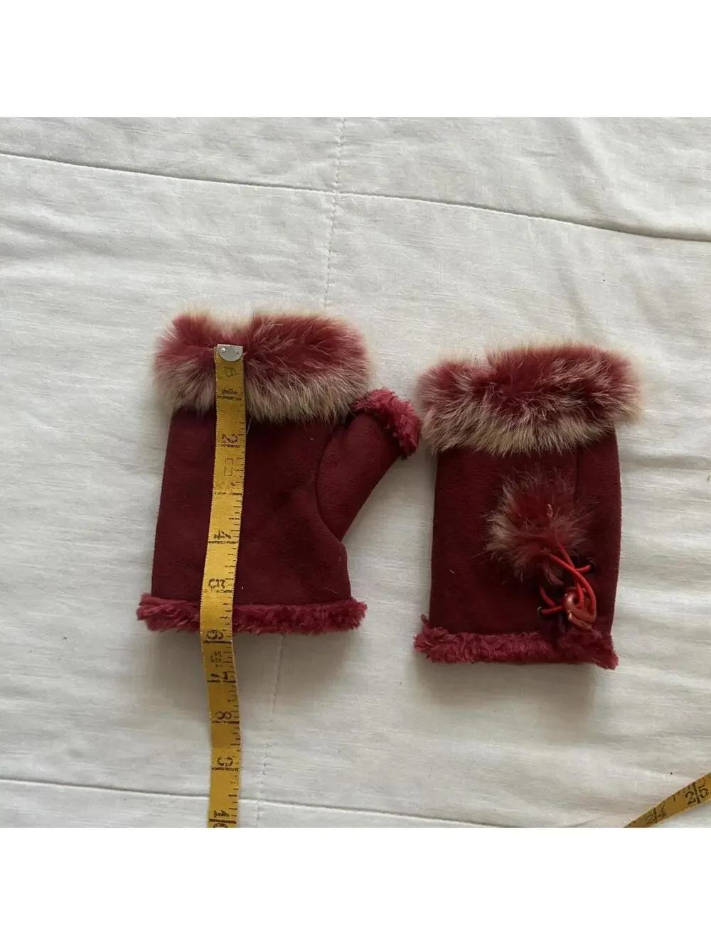 Vintage Burgundy Faux Suede Fur Trim Mittens Winter Coquette Holiday